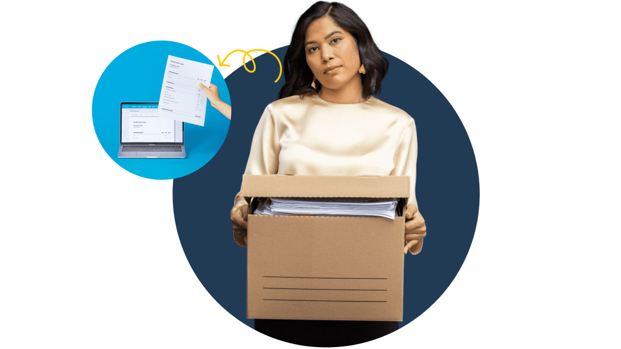 Woman holding box full of paperwork with a blue circle and a laptop